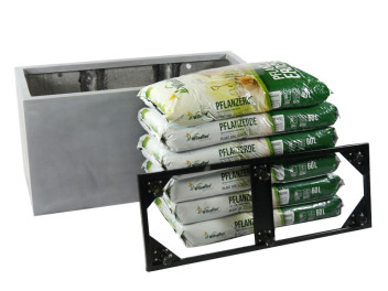 Komplettset: Pflanzkübel mit Roller und Erde, Fiberglas betongrau