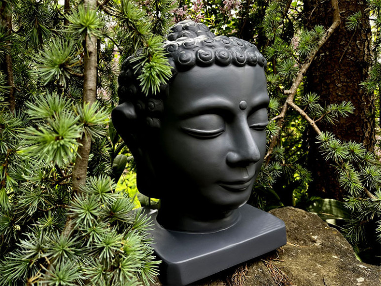 Buddha-Kopf aus Fiberglas - schwarz 21x21x35