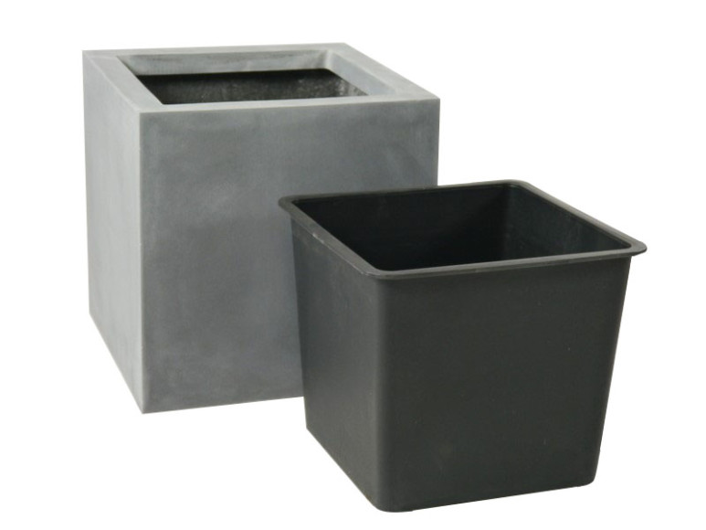 Komplettset 2-teilig: Pflanzkübel mit Einsatz, Fiberglas betongrau 50x50x50