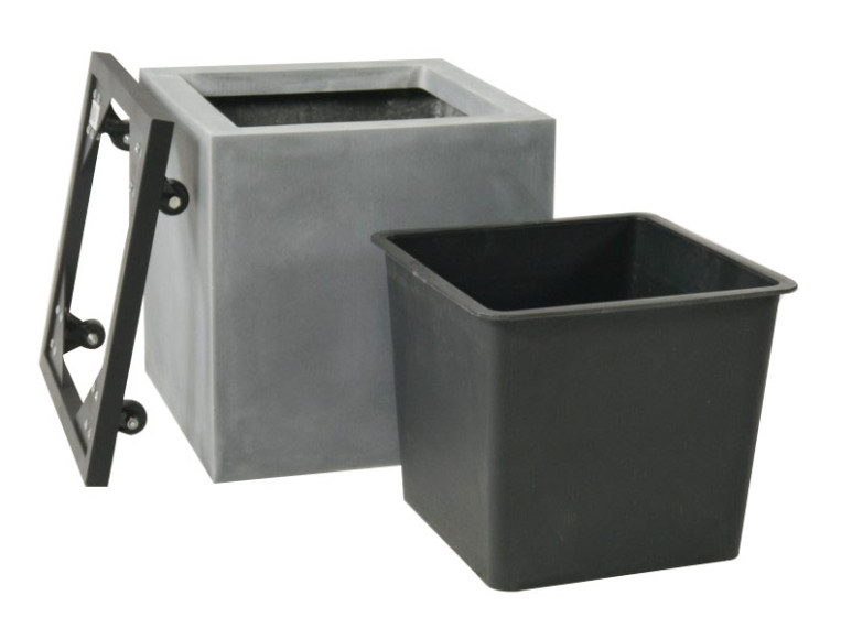 Komplettset 3-teilig: Pflanzkübel mit Einsatz und Roller, Fiberglas betongrau 50x50x50