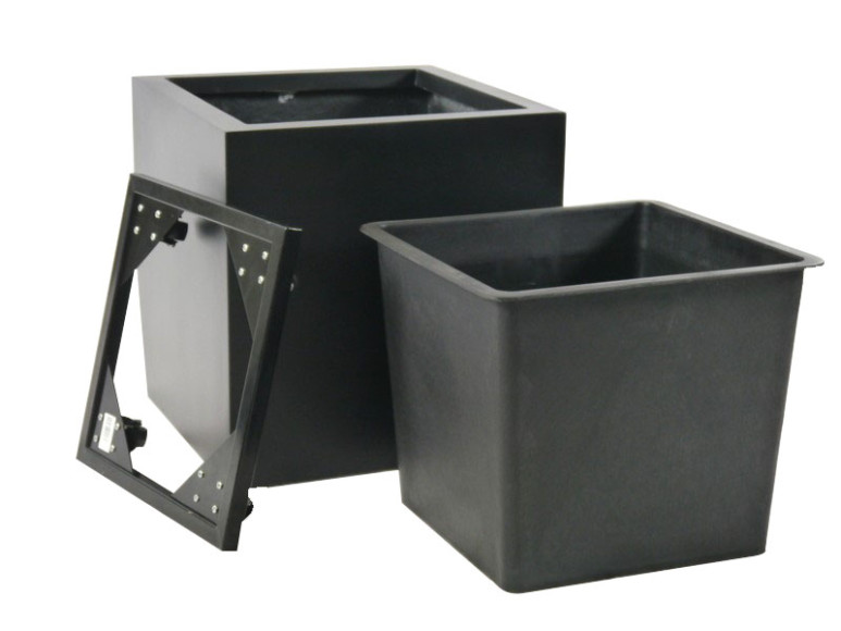 Komplettset 3-teilig: Pflanzkübel mit Einsatz und Roller, Fiberglas schwarz 40x40x40