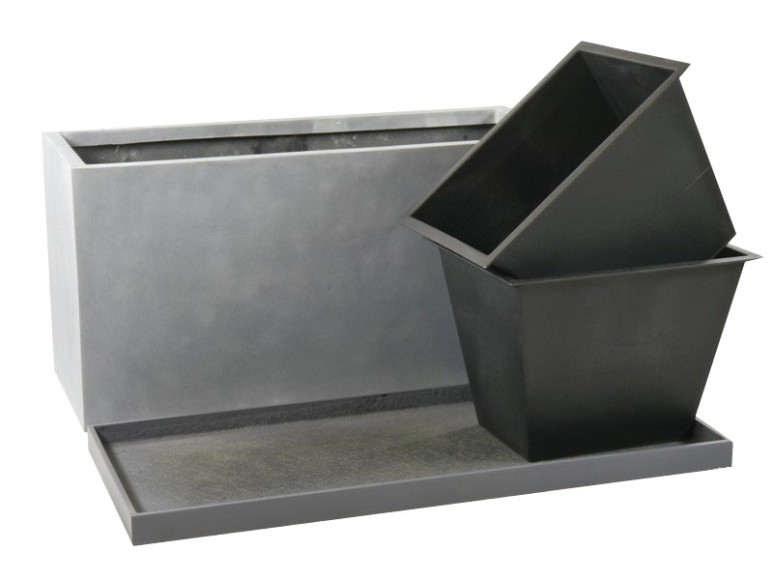 Komplettset 3-teilig: Pflanzkübel mit Untersetzer und Einsatz, Fiberglas betongrau 100x40x50