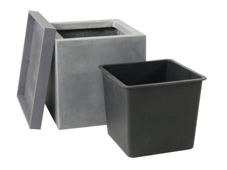 Komplettset 3-teilig: Pflanzkübel mit Untersetzer und Einsatz, Fiberglas betongrau 50x50x50