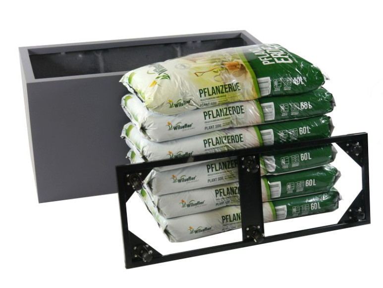 Komplettset: Pflanzkübel mit Roller und Erde, Fiberglas anthrazit 120x50x60