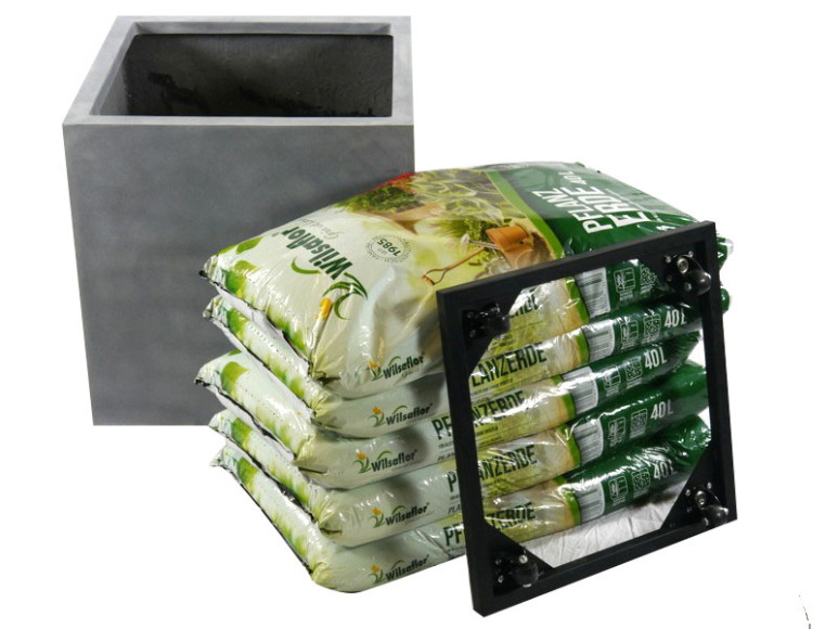 Komplettset: Pflanzkübel mit Roller und Erde, Fiberglas betongrau 60x60x60