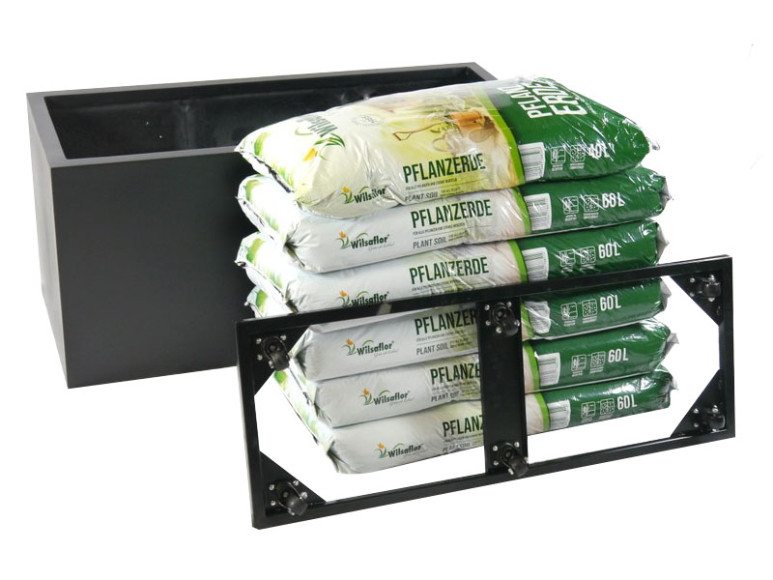 Komplettset: Pflanzkübel mit Roller und Erde - Fiberglas schwarz 120x50x60