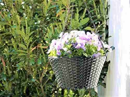 JETZT STARK REDUZIERT: 3er-Set Blumenampeln aus Polyrattan Ø30x16 cm + Ø25 x14 cm + Ø20x12cm in schwarz, mit Ketten und Innenfolie 