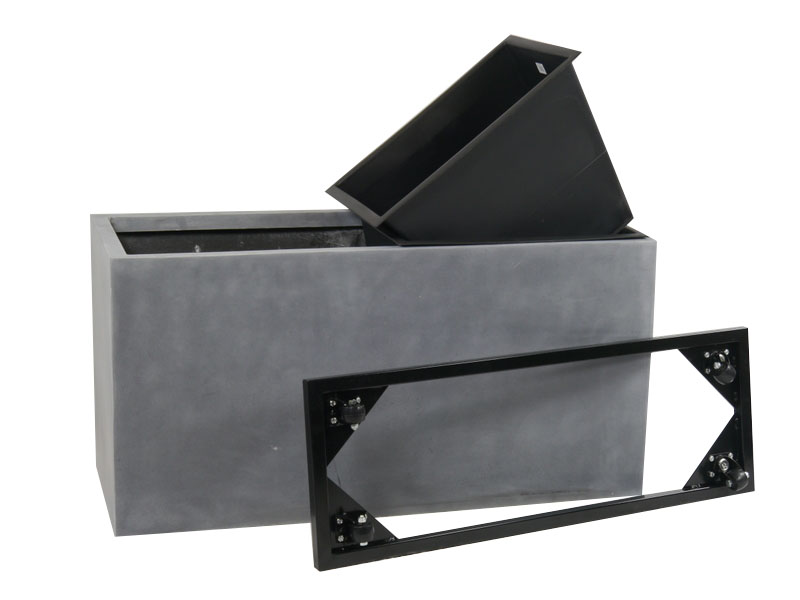 Komplettset 3-teilig: Pflanzkübel mit Einsatz und Roller, Fiberglas betongrau 100x40x50
