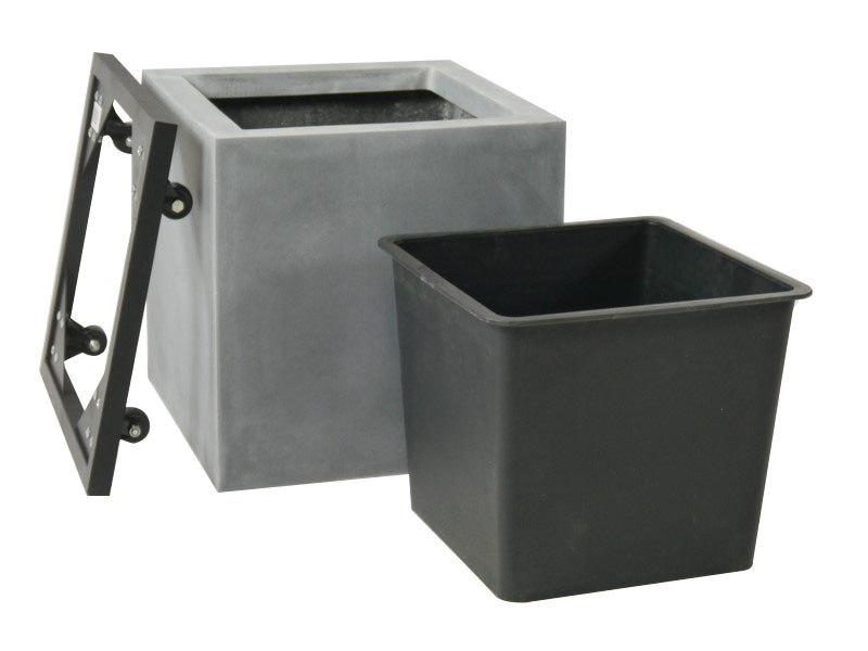 Komplettset 3-teilig: Pflanzkübel mit Einsatz und Roller, Fiberglas betongrau 50x50x50