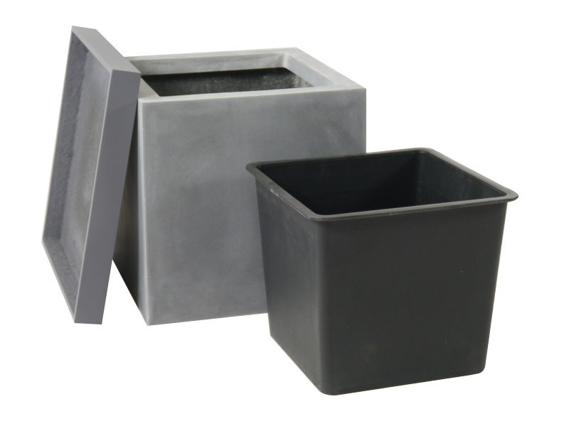 Komplettset 3-teilig: Pflanzkübel mit Untersetzer und Einsatz, Fiberglas betongrau 50x50x50
