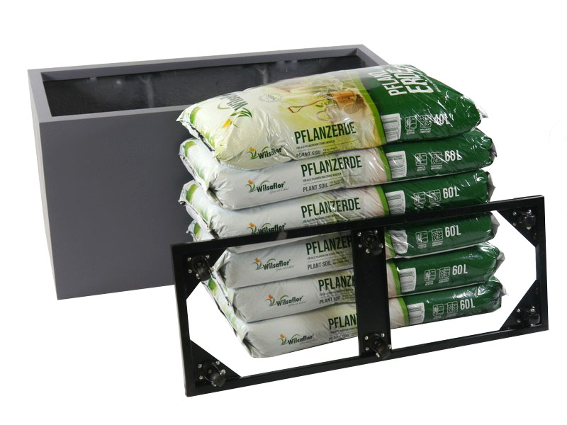 Komplettset: Pflanzkübel mit Roller und Erde, Fiberglas anthrazit 120x50x60