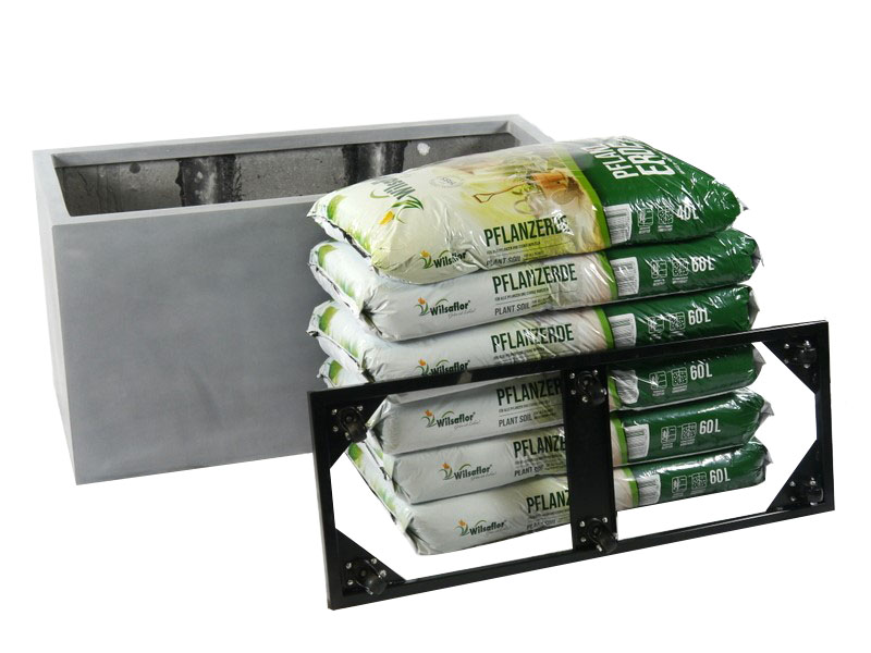 Komplettset: Pflanzkübel mit Roller und Erde, Fiberglas betongrau 120x50x60