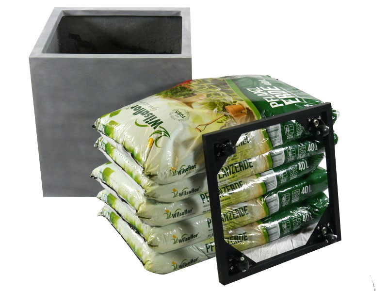 Komplettset: Pflanzkübel mit Roller und Erde, Fiberglas betongrau 60x60x60