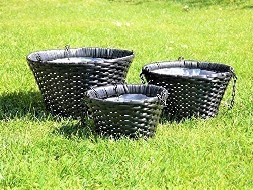 JETZT STARK REDUZIERT: 3er-Set Blumenampeln aus Polyrattan Ø30x16 cm + Ø25 x14 cm + Ø20x12cm in schwarz, mit Ketten und Innenfolie 