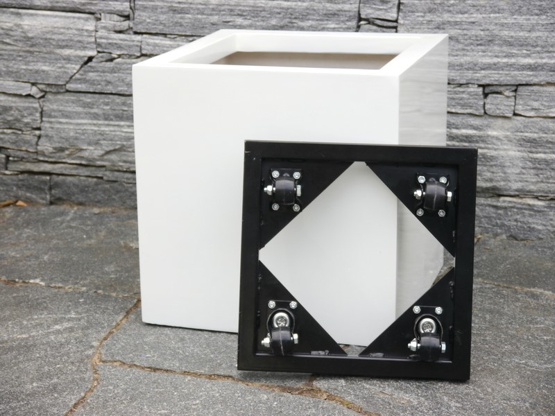 Pflanzkübel SUPREMO für Rollen, Fiberglas Hochglanz weiß 50x50x50