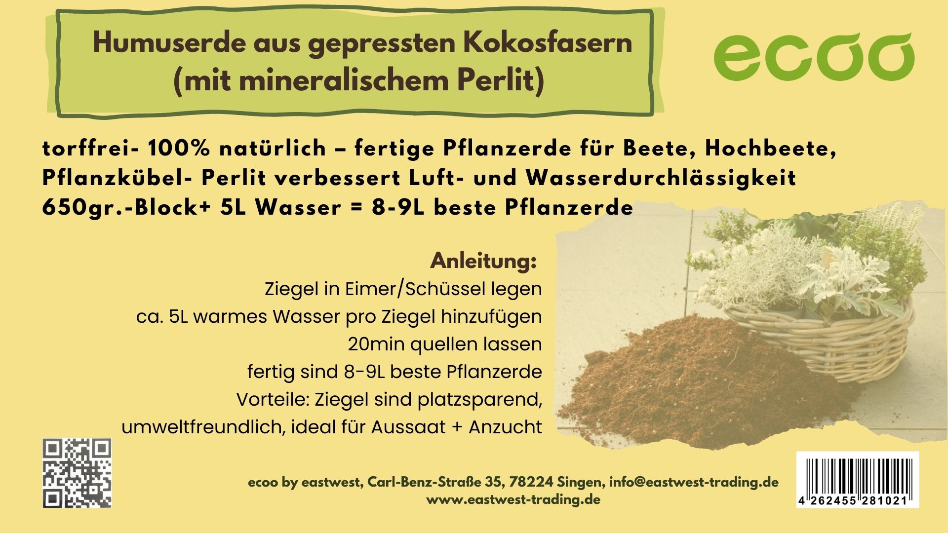 Humuserde I Kokoserde ECOO mit mineralischem Perlit/650gr. je Block 2er Set