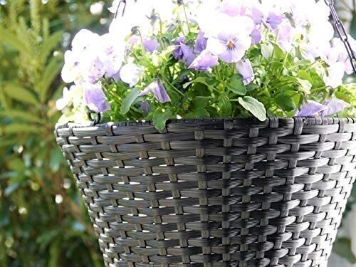 JETZT STARK REDUZIERT: 3er-Set Blumenampeln aus Polyrattan Ø30x16 cm + Ø25 x14 cm + Ø20x12cm in schwarz, mit Ketten und Innenfolie 
