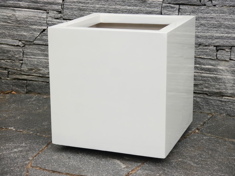 Pflanzkübel SUPREMO für Rollen, Fiberglas Hochglanz weiß 50x50x50