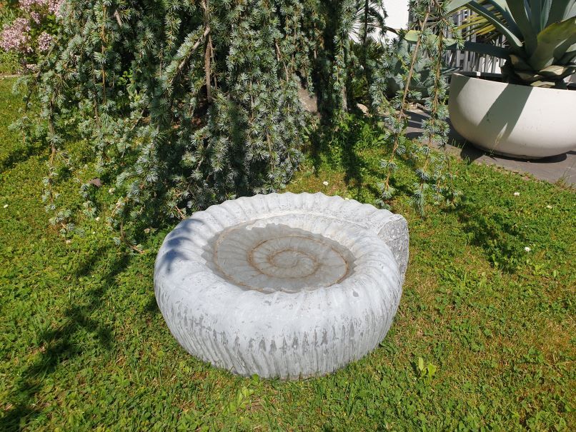 Gartendeko - VOGELBAD "AMMONITO" aus Fiberglas  - betongrau 46x42x14