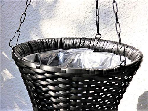 JETZT STARK REDUZIERT: 3er-Set Blumenampeln aus Polyrattan Ø30x16 cm + Ø25 x14 cm + Ø20x12cm in schwarz, mit Ketten und Innenfolie 