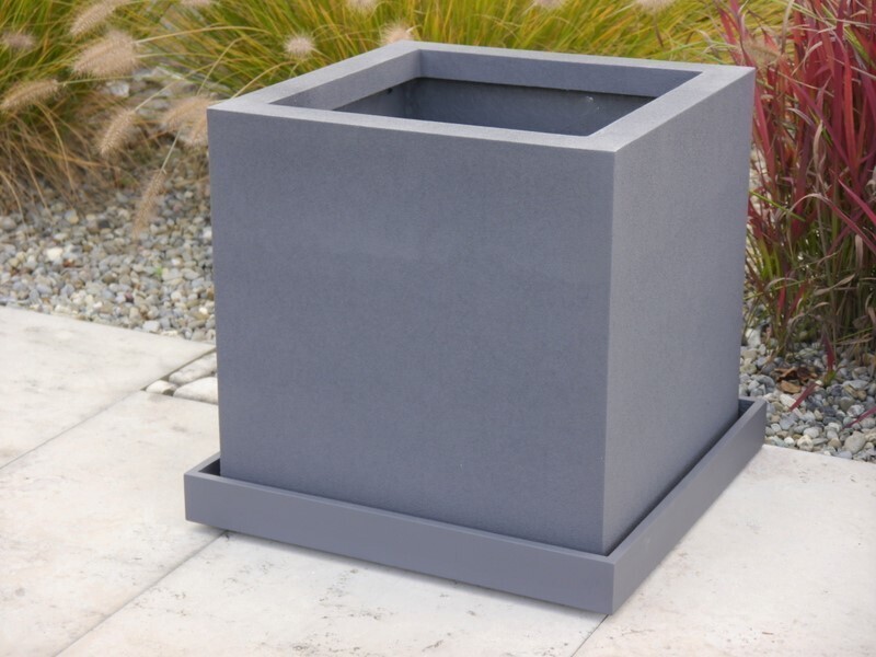 Komplettset 2-teilig: Pflanzkübel mit Untersetzer, Fiberglas anthrazit 50x50x50