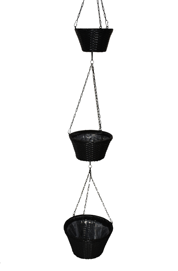 JETZT STARK REDUZIERT: 3er-Set Blumenampeln aus Polyrattan Ø30x16 cm + Ø25 x14 cm + Ø20x12cm in schwarz, mit Ketten und Innenfolie 