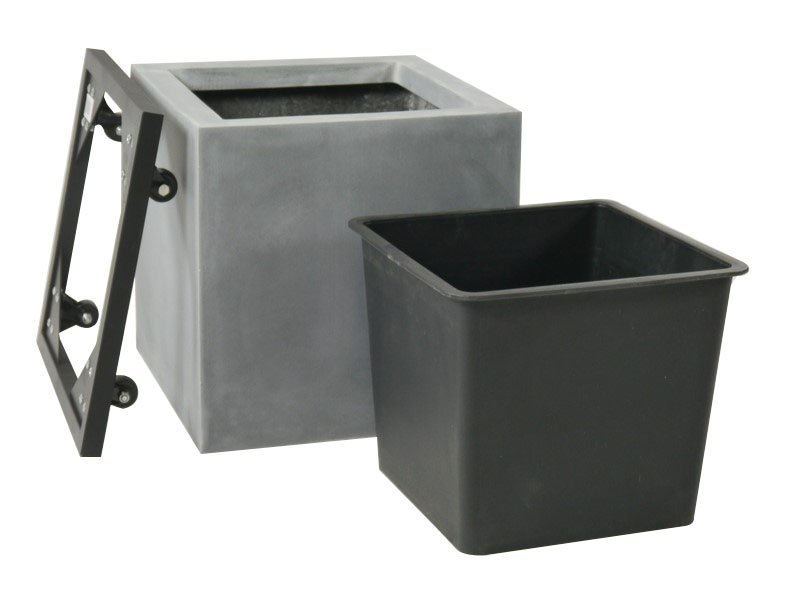 Komplettset 3-teilig: Pflanzkübel mit Einsatz und Roller, Fiberglas betongrau 50x50x50